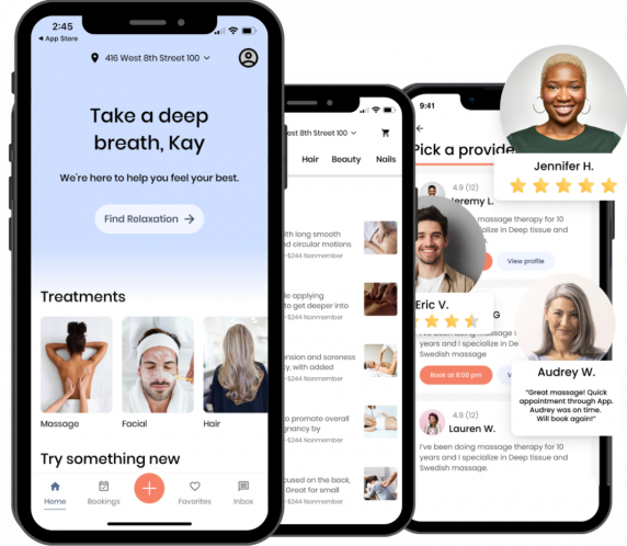 This image shows the Soothe app which can be used for booking a massage, facial, hair, or beauty service with a licensed professional that will come to your home with everything needed for your appointment.